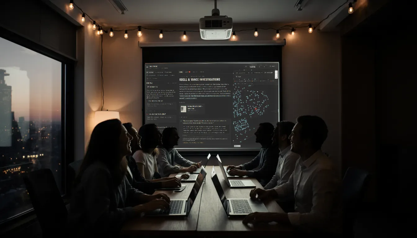 An office lounge at dusk: the game is projected on the wall screen while the team laughs around the table.