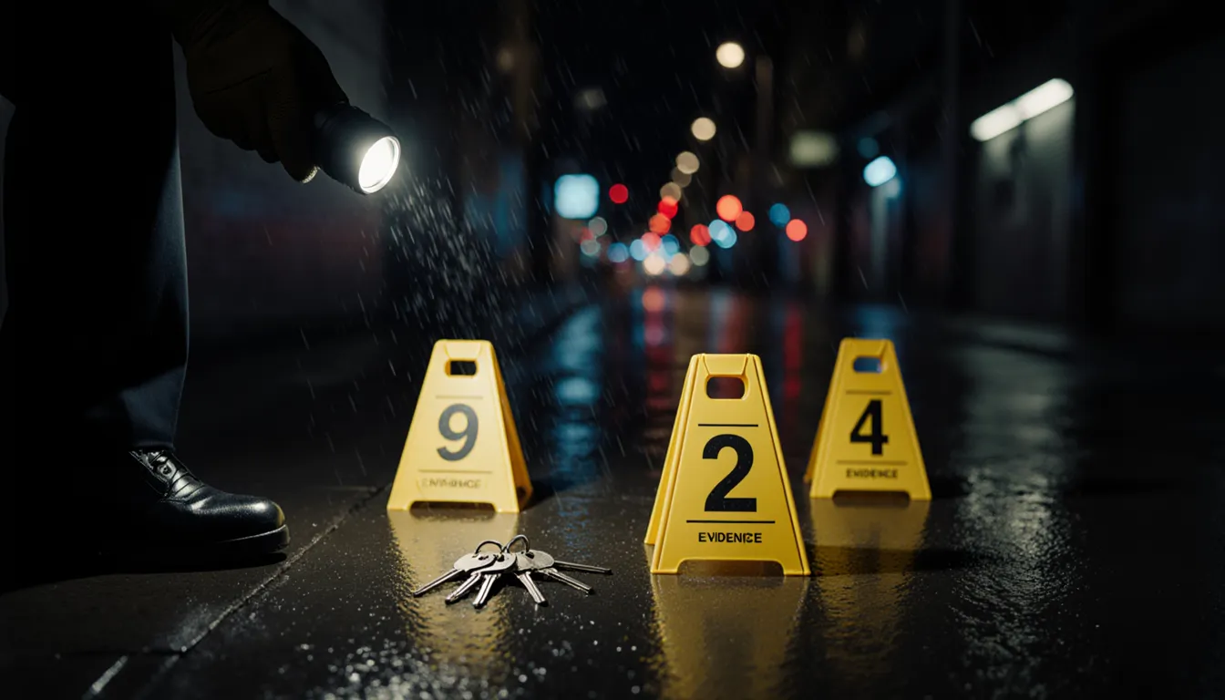 Numbered evidence markers and a flashlight on wet pavement at night.