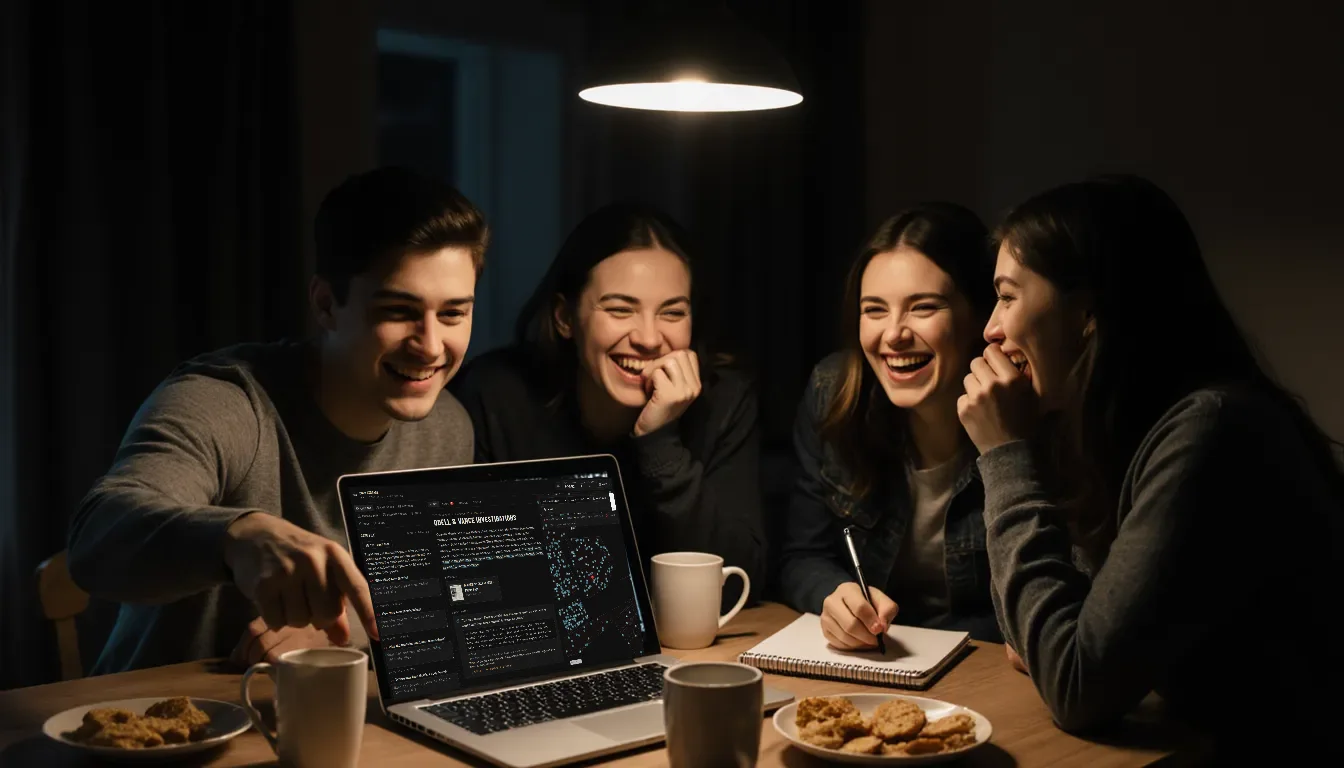 Three friends laughing around a laptop that shows a city map with red pins; one of them takes notes.