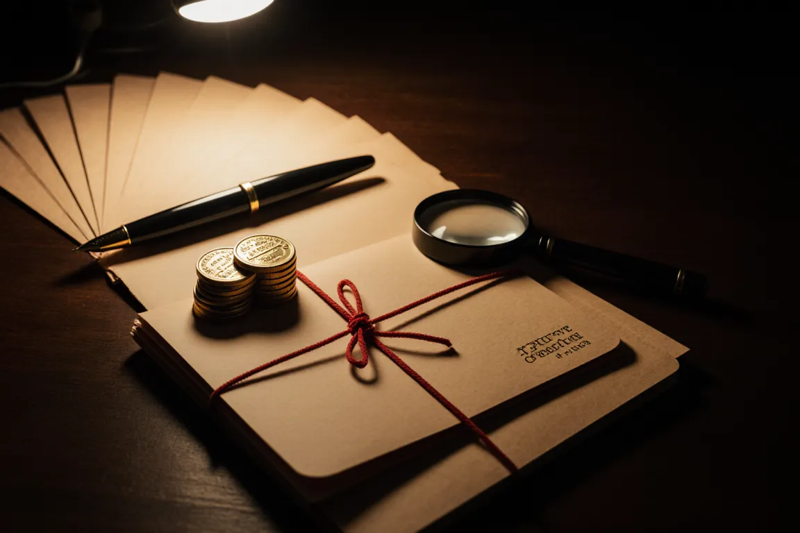 Brass tokens beside manila case folders tied with red string and a magnifying glass.